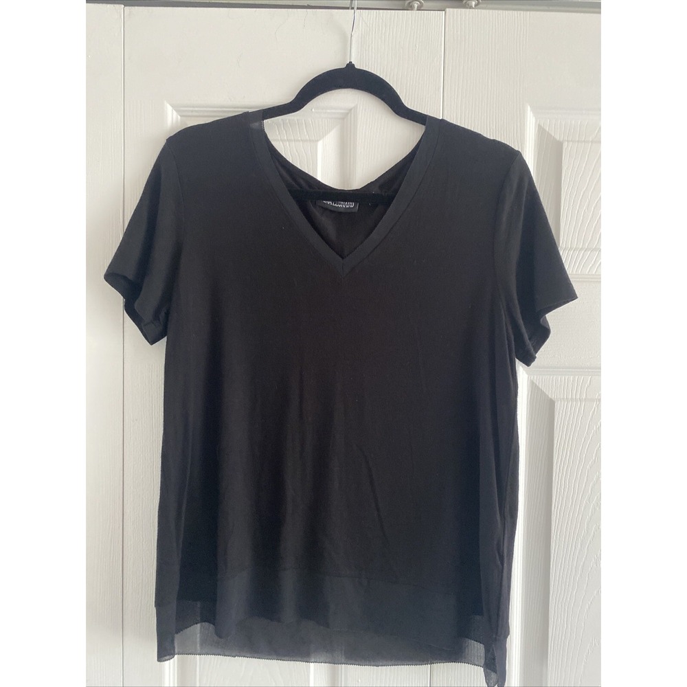 Nina Leonard V-Neck Chiffon Trim Top Womens Size M Black Short Sleeve Viscose